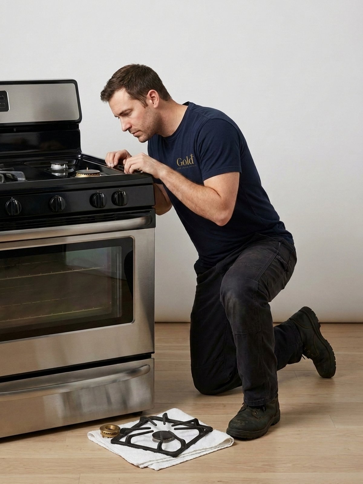 Appliance repair technician servicing a refrigerator in a customer's kitchen